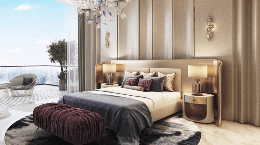 Chambre luxueuse dans une villa de Dubaï avec une grande fenêtre offrant une vue sur la ville, un lit moderne avec des oreillers moelleux, un éclairage élégant et une décoration élégante, avec un aménagement spacieux et une palette de couleurs sereine.