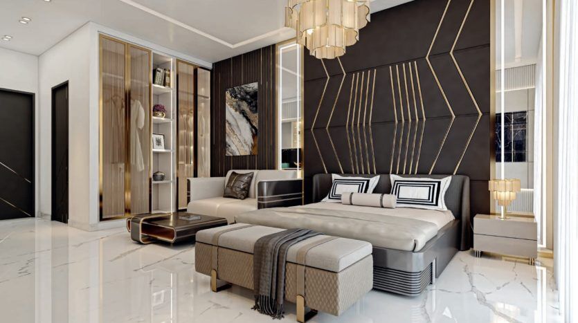 A luxurious bedroom in a Dubai villa with a king-size bed, geometrically patterned walls, marble flooring, gold accents and elegant furnishings, including a chic bench and stylish lamps.