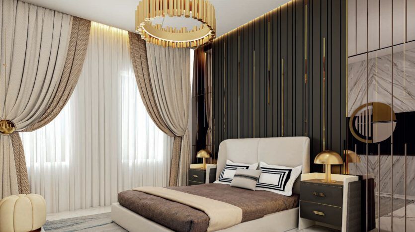 A modern bedroom in a Dubai villa featuring a minimalist beige bed with black and white pillows, flanked by gold table lamps on dark wood nightstands, large white and beige curtains and an elegant geometric wall design.