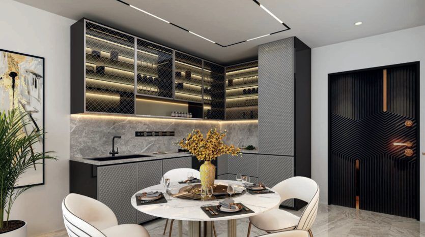 Modern kitchen and dining room in a Dubai villa with an elegant table for four, underlit cabinets and a prominent wine rack. Elegant geometric patterns decorate the space, complemented by a textured gray and cream color palette.