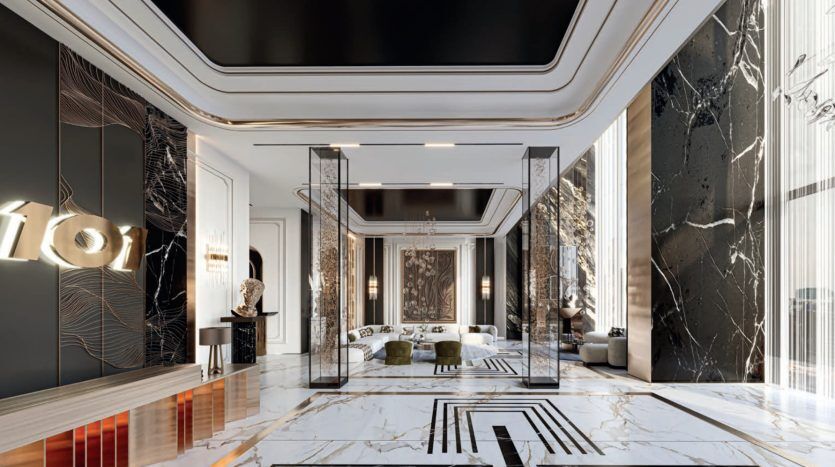 Luxurious lobby interior with marble floors, black marble walls, modern furniture and geometric ceiling details. A sophisticated combination of white, black and metallic tones. Perfect for high-end real estate in Dubai.