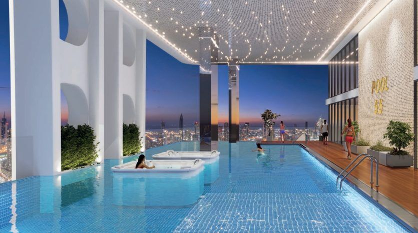 A luxurious swimming pool on the roof of a Dubai villa at dusk, with two people in a whirlpool, another swimming and a few individuals enjoying the cityscape, under a ceiling adorned with twinkling lights.