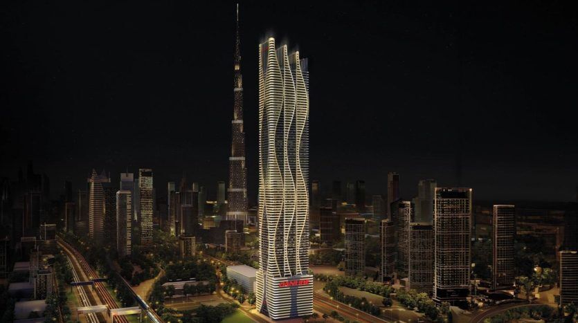 Night view of a modern city skyline with a uniquely designed illuminated skyscraper that stands out from other high-rise buildings in Dubai.