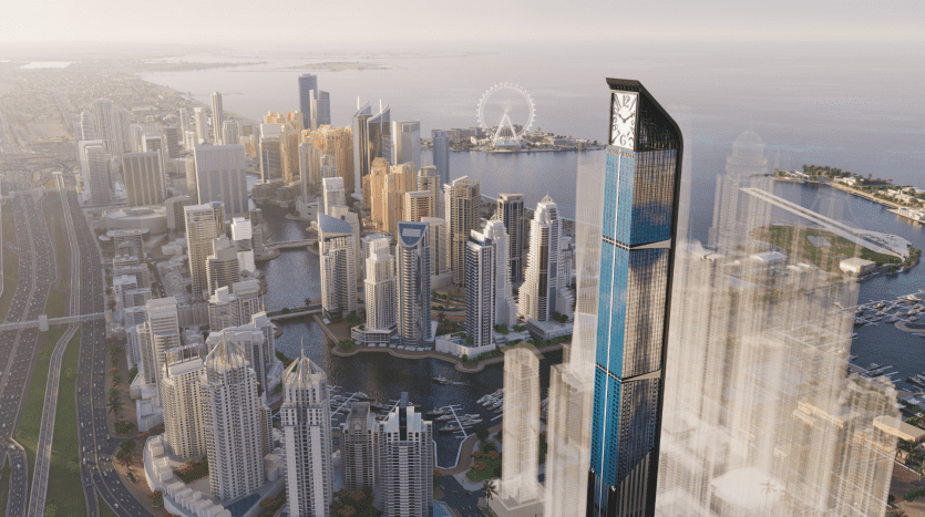 Vue aérienne d'une ville moderne et animée au lever du soleil, avec un gratte-ciel en verre de premier plan, des immeubles de grande hauteur luxueux et un front de mer avec des bateaux à proximité d'une agence immobilière de Dubaï. Une grande roue géante est visible au loin.