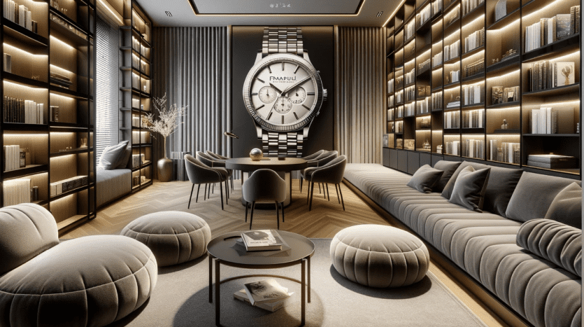 Une luxueuse salle de bibliothèque dans une villa de Dubaï avec des étagères du sol au plafond, des meubles élégants et une grande horloge murale faisant la promotion de « PRAULI ». Un éclairage doux et un design contemporain créent une atmosphère sophistiquée.