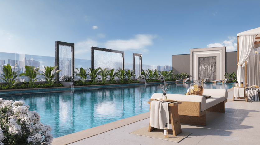 Cadre luxueux au bord de la piscine dans une villa de Dubaï comprenant une piscine bleu clair, des jeux d'eau modernes, une verdure luxuriante et un coin salon relaxant avec des boissons rafraîchissantes par une journée ensoleillée.