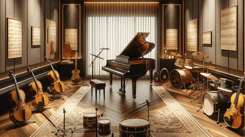 Une salle de musique confortable dans une villa de Dubaï avec divers instruments, dont un piano à queue, des guitares, une batterie et des violons, entourée de murs tapissés de partitions et d'un éclairage tamisé.