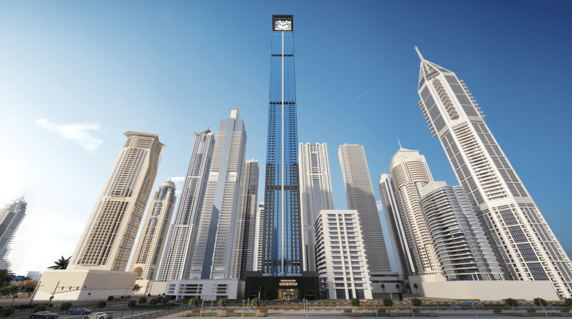 Une ligne d'horizon présentant une variété de grands gratte-ciel sous un ciel bleu clair, avec une tour étroite particulièrement proéminente affichant une grande horloge, caractéristique de l'immobilier recherché à Dubaï.
