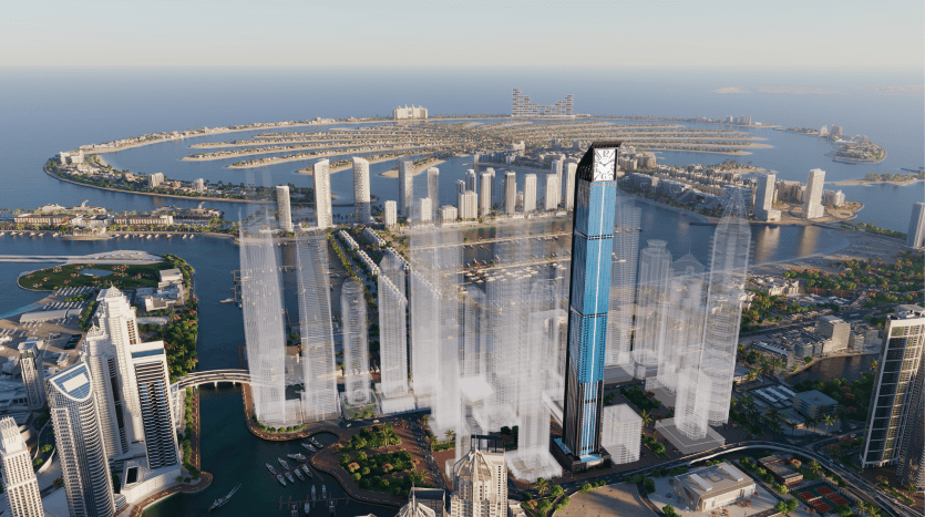 Vue aérienne d'une ville côtière moderne avec un gratte-ciel proéminent de forme unique et plusieurs autres immeubles de grande hauteur, dont l'agence immobilière Dubaï, entourée d'eau et d'espaces verts luxuriants.