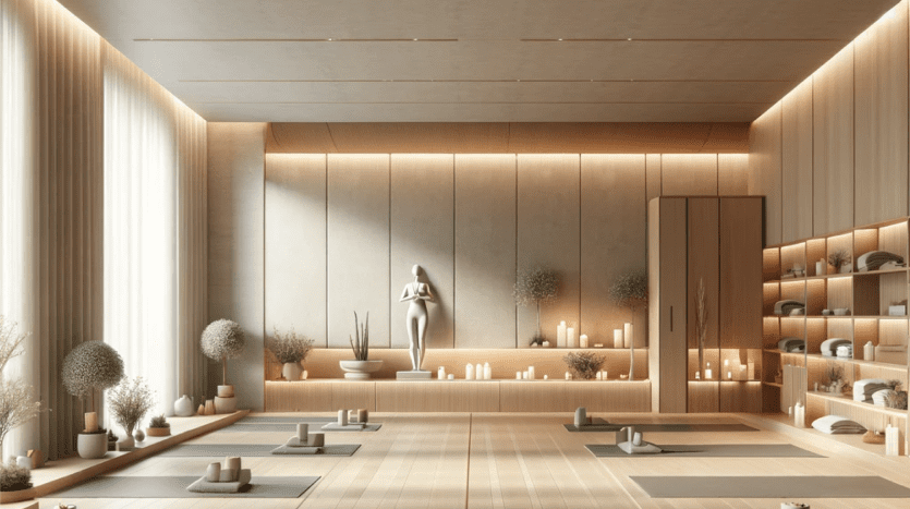 Studio de yoga spacieux et serein avec parquet, panneaux muraux et étagères remplies de plantes et de bougies. Plusieurs tapis de yoga sont disposés sur le sol, avec de grandes fenêtres drapées de voilages. Le studio est situé dans une villa recherchée à Dubaï.