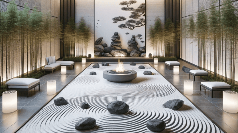Un jardin zen intérieur serein dans une villa à Dubaï avec un foyer central, entouré de pierres disposées symétriquement sur du sable ratissé, flanqué de bambous et de bancs rembourrés sous un éclairage tamisé.
