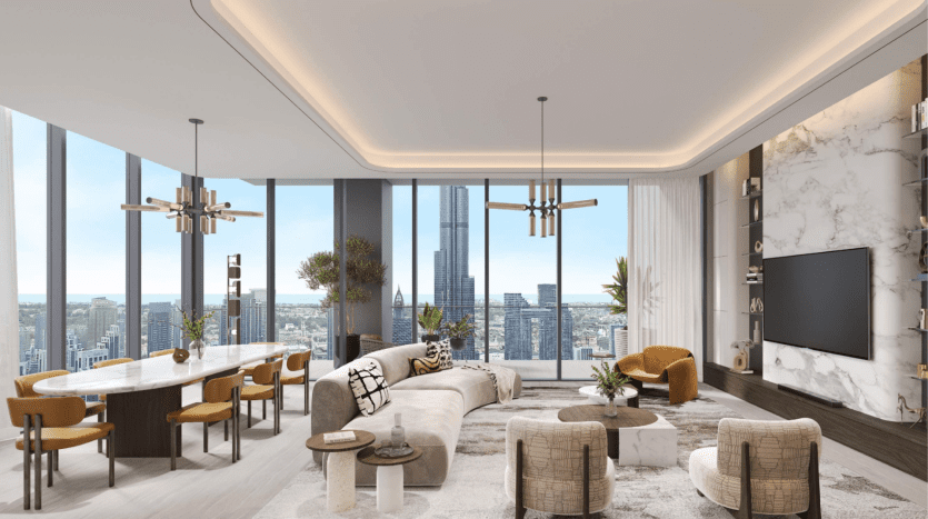 Un salon spacieux et moderne dans un appartement de Dubaï avec des murs en marbre, des baies vitrées offrant une vue sur la ville, un mobilier élégant, un plafond à caissons et un éclairage intégré.