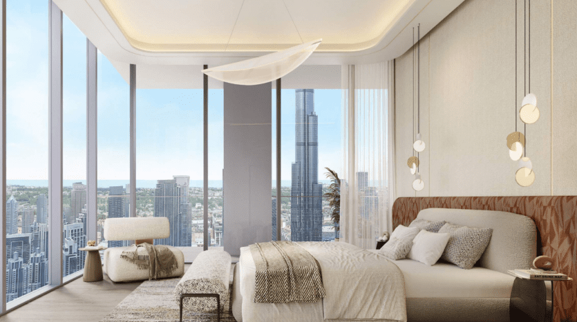 Une chambre moderne et luxueuse dans un appartement de Dubaï avec des baies vitrées offrant une vue panoramique sur la ville, un lit confortable, un éclairage élégant et une décoration élégante.