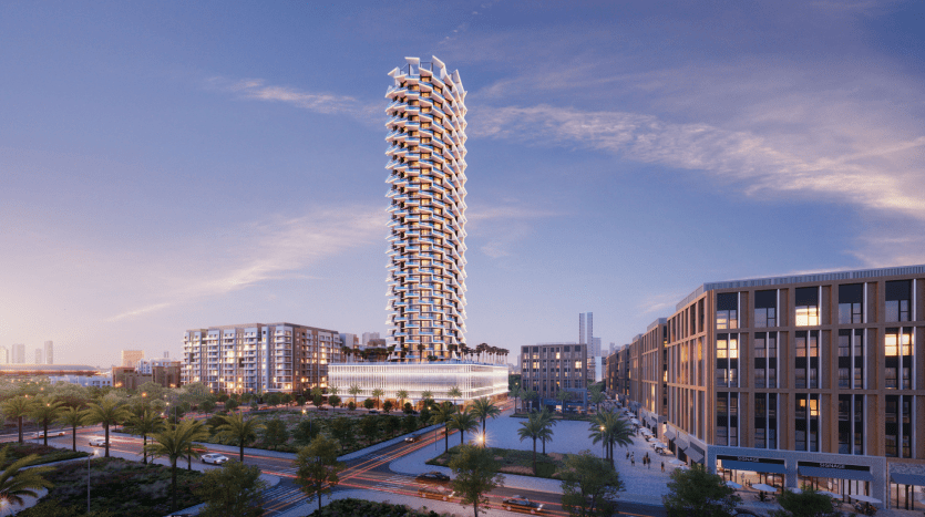 Un gratte-ciel futuriste doté de balcons décalés uniques domine un paysage urbain moderne à Dubaï, avec des arbres luxuriants, des bâtiments illuminés et une piscine réfléchissante au crépuscule.