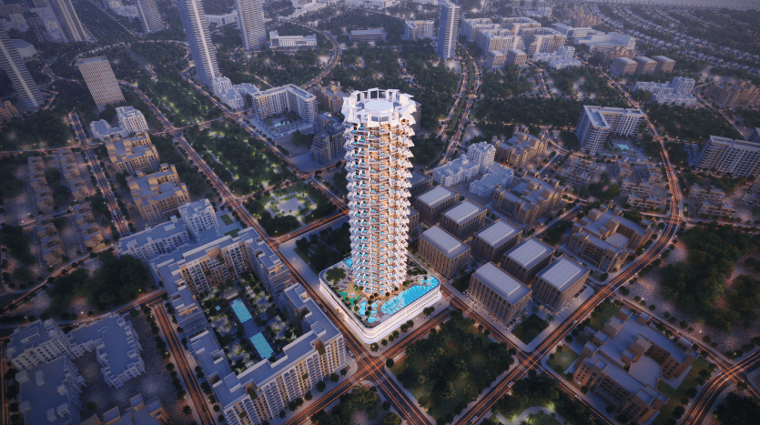 Vue aérienne d'une ville moderne au crépuscule avec un bâtiment unique, doté d'un design à plusieurs niveaux et d'une façade colorée et éclairée, entouré d'un développement urbain dense à Dubaï.