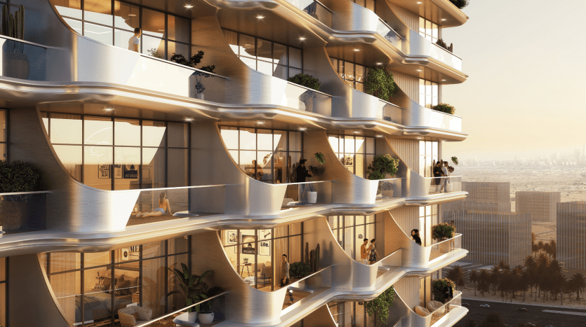 Villa moderne à plusieurs étages à Dubaï au coucher du soleil, dotée de balcons incurvés avec une verdure abondante et des personnes profitant de diverses activités à l'intérieur et à l'extérieur.
