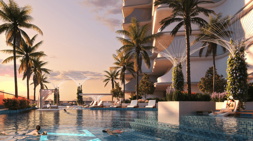 Une piscine luxueuse au coucher du soleil avec des nageurs et une personne se prélassant à proximité. De grands palmiers et des éléments architecturaux modernes, typiques d'une villa de haut niveau à Dubaï, rehaussent la scène tranquille.