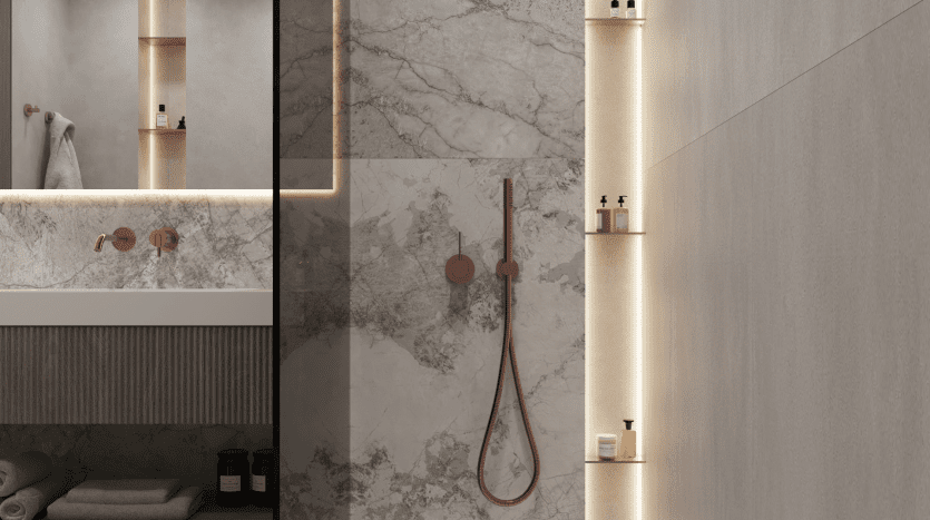Une salle de bains moderne dans une villa à Dubaï présente un design élégant avec des murs en marbre et des luminaires dorés, mettant en valeur un miroir LED vertical, un robinet et un ensemble de douche. Divers articles de bain sont soigneusement disposés, renforçant l'ambiance luxueuse.
