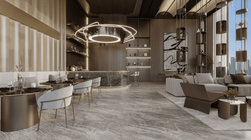 Intérieur de restaurant moderne et luxueux à Dubaï avec sol en marbre, tables élégantes et sièges en cuir. Comprend un espace bar surélevé, une fresque murale artistique et un grand plafonnier circulaire. Vue sur la ville grâce aux baies vitrées.