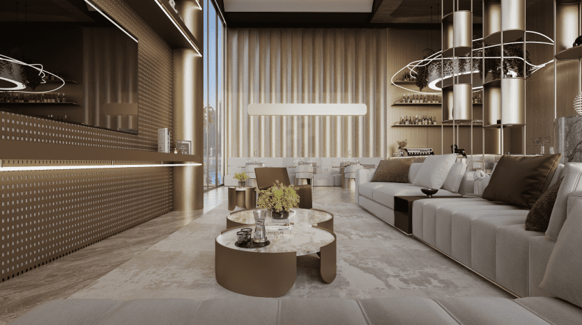 Luxueuse villa à Dubaï comprenant un salon moderne doté d'un mobilier élégant comprenant des canapés et une table basse en verre, complété par des panneaux de bois et un éclairage élégant.