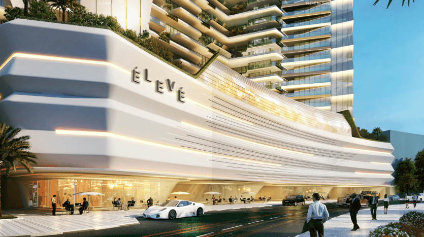 Villa architecturale moderne à Dubaï avec une façade blanche élégante avec des accents de néons et le mot « ELEVE ». Des palmiers bordent l’entrée où les gens marchent et où les voitures sont garées.