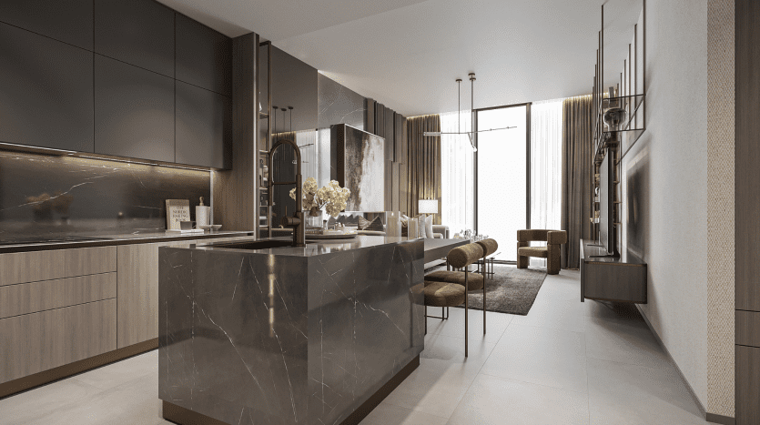 Modern kitchen and living room interiors with marble island, stainless steel appliances and chic furnishings in a warm, elegant lighting ambience in a Dubai villa.