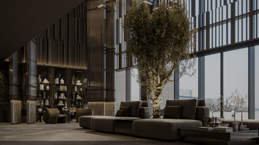 A modern, spacious living room in a Dubai apartment with large windows, a high ceiling, elegant sofas and a large potted tree, complemented by soft lighting and a serene ambience.