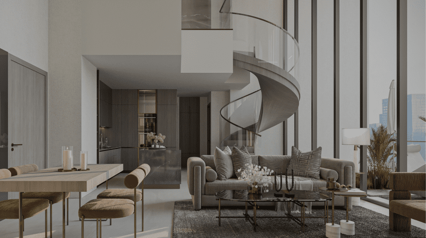 Modern living room in a Dubai villa with a spiral staircase, neutral-toned furniture, bay windows and a minimalist kitchen visible in the background.