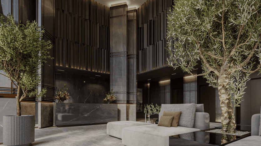 Modern hotel lobby in Dubai with dark wood panels and marble accents, featuring elegant seating areas and large potted trees, creating an elegant and welcoming space.