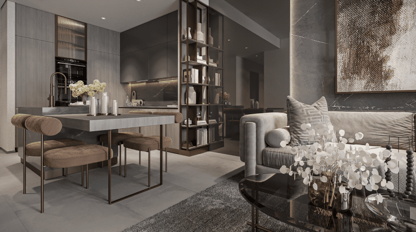Modern kitchen and living room with stylish furnishings including a kitchen island, bar stools, sofa, shelves and decorative elements in a consistent gray and brown color palette, ideal for a villa in Dubai.