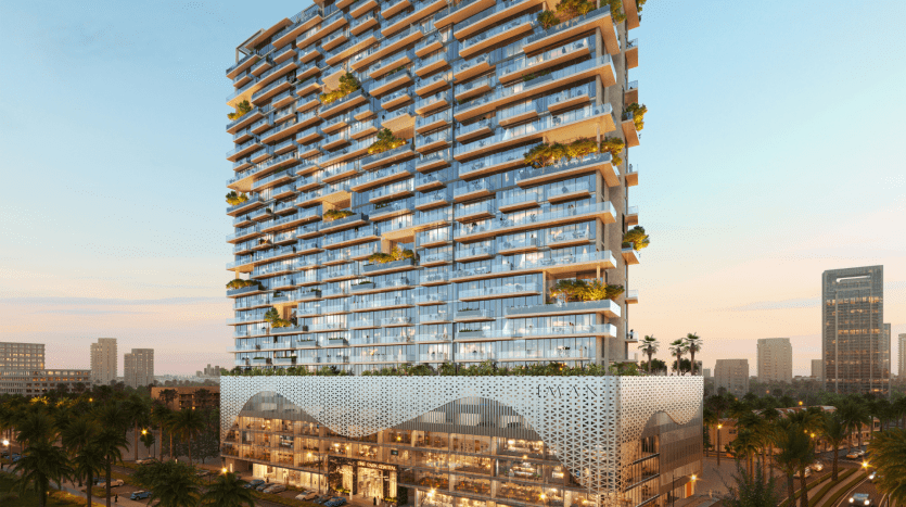 An artistic rendering of a modern multi-storey residential villa in Dubai with verdant balconies, featuring a unique sculptural base with patterned motifs, against an evening cityscape.