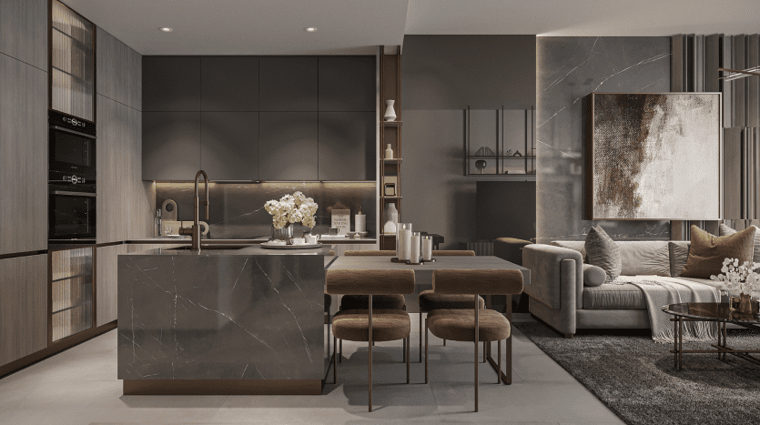 A modern kitchen and living room with a marble island, wooden cabinets, plush sofas and abstract wall art. Soft lighting and a neutral color palette create an elegant atmosphere in this Dubai apartment.