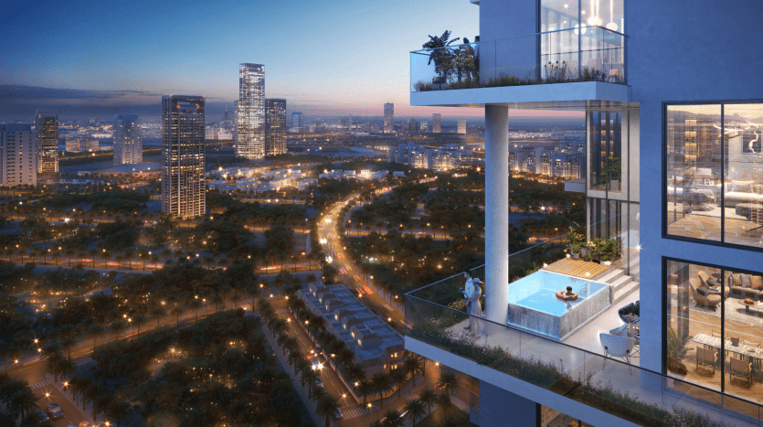 A luxurious high-rise apartment balcony in Dubai with a swimming pool overlooking a lively cityscape at dusk, showing illuminated streets and tall buildings amid greenery.