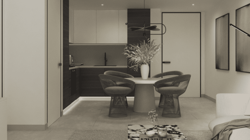 Cuisine et salle à manger modernes au design élégant comprenant deux chaises uniques, une table ronde et un éclairage tamisé. Les tons neutres et la décoration minimaliste rehaussent l'ambiance sophistiquée de cette villa à Dubaï.
