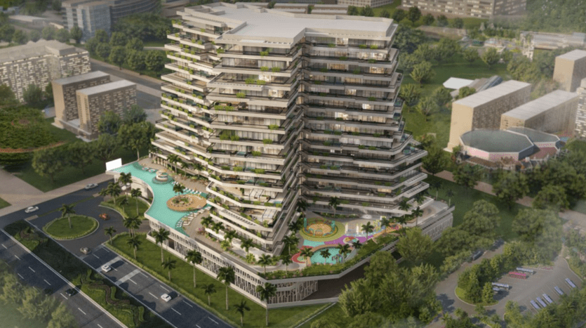 Représentation artistique d'une grande villa moderne à plusieurs niveaux à Dubaï entourée d'une verdure luxuriante, comprenant des terrasses avec jardins, un espace piscine et des parcs adjacents.