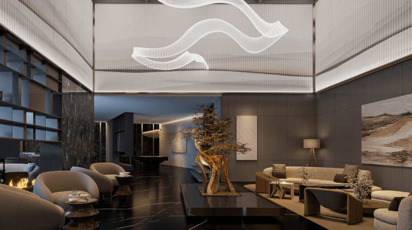 Lobby d'hôtel moderne doté d'un sol élégant et sombre, de canapés gris doux, d'un arbre central artistique dans une grande jardinière et d'un plafonnier sculptural en forme de vague saisissant présenté par une agence immobilière renommée de Dubaï.