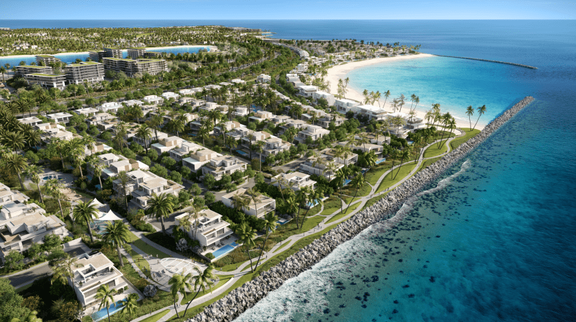 Vue aérienne d'une station balnéaire de luxe comprenant des villas luxuriantes, des plages de sable fin, des palmiers et des eaux turquoise, sur fond de verdure et de bâtiments modernes à Dubaï.