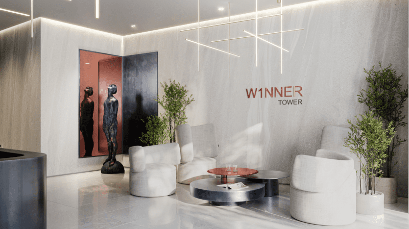 Hall d'entrée moderne dans une villa de Dubaï avec mobilier élégant, statue en bronze et jardins verticaux. Comprend des luminaires linéaires et une enseigne audacieuse « WINNER TOWER » sur le mur. Un éclairage doux et ambiant rehausse l’atmosphère sophistiquée.