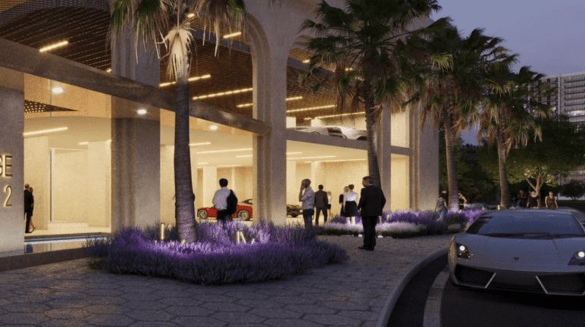 An evening scene shows people walking by a softly lit modern villa in Dubai, surrounded by lush purple-flowered plants. A sports car is parked in the foreground.
