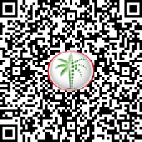 Un code QR avec une icône circulaire blanche et rouge comportant un palmier vert en son centre, sur un fond complexe pixelisé noir et blanc, conçu pour une agence immobilière de Dubaï.