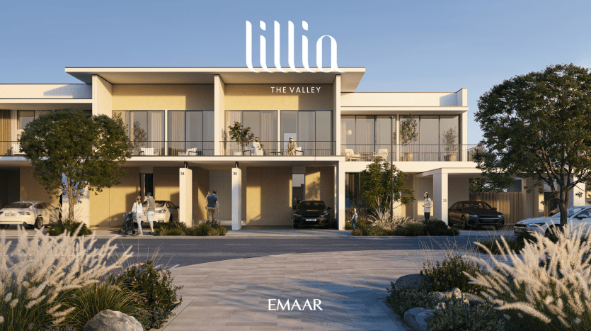 Rendu 3D d'un bâtiment résidentiel moderne nommé "Illa The Valley" par Emaar, mettant en vedette des voitures garées, des personnes et un aménagement paysager luxuriant au coucher du soleil à Dubaï.