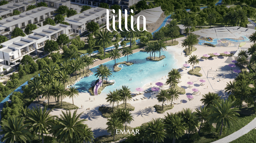 Vue aérienne d'un luxueux complexe tropical d'Emaar appelé « Lilia The Valley », avec des palmiers luxuriants, du sable blanc et une grande piscine lagon bleue entourée de villas modernes à Dubaï.