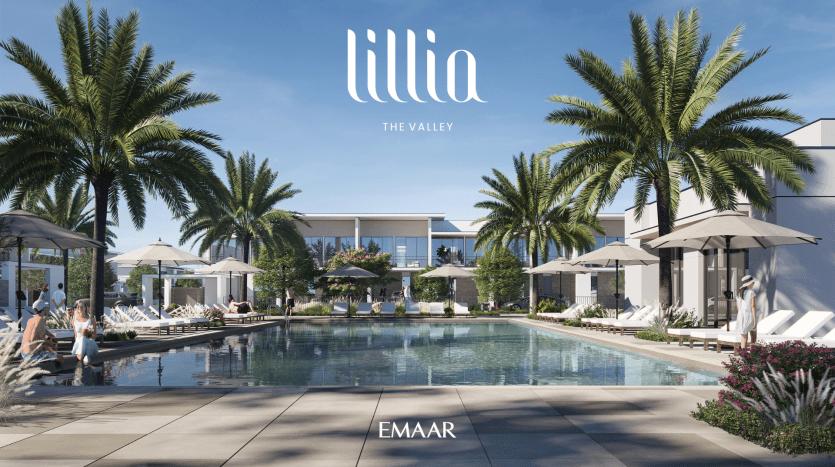 Illustration d'une scène luxueuse au bord de la piscine de Lilia The Valley par Emaar, mettant en vedette des personnes se relaxant sous des parasols, entourées de palmiers et de bâtiments blancs modernes, représentant l'offre premium de l'immobilier de Dubaï.