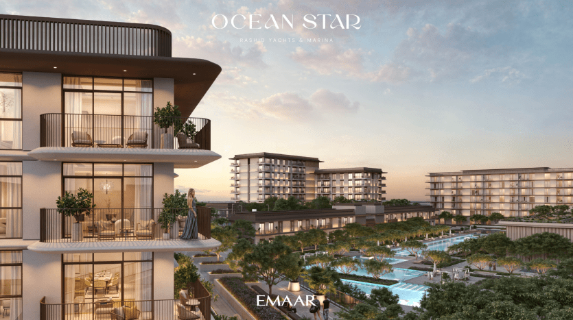 Un rendu numérique d'un complexe luxueux nommé Ocean Star, situé à Dubaï, composé de bâtiments modernes à plusieurs étages dotés de balcons spacieux donnant sur une grande piscine au coucher du soleil.
