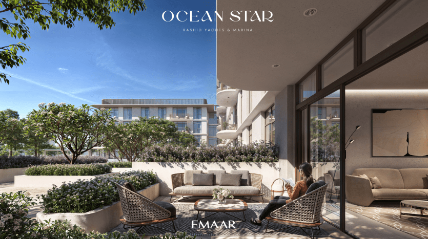 Coin salon extérieur luxueux avec chaises en rotin et table basse, donnant sur une marina résidentielle sereine. Verdure luxuriante et architecture moderne sous un ciel dégagé. Texte : « Ocean Star, Rashid Yachts & Marina, Villa Dubai par Emaar.