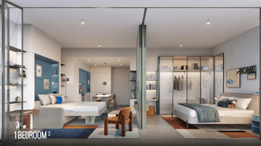 Un intérieur d'appartement d'une chambre moderne et bien éclairé à Dubaï avec un mélange harmonieux de salon, de chambre et d'un placard ouvert, décoré avec des meubles contemporains et des accents bleus.