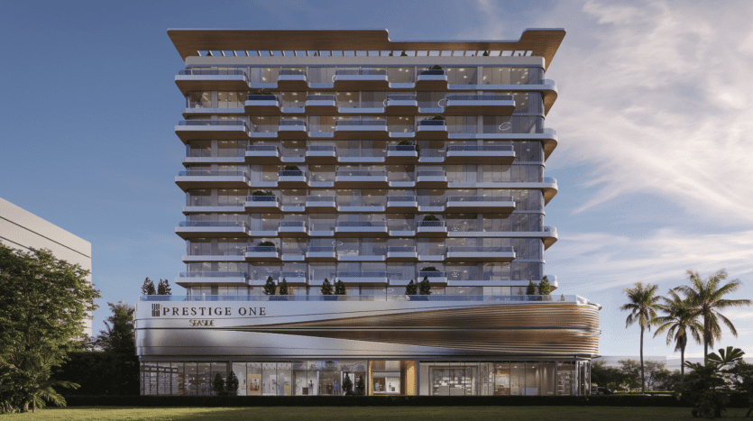 Bâtiment moderne de plusieurs étages à Dubaï avec un design ondulé unique aux étages inférieurs, de grandes fenêtres en verre et plusieurs balcons aux niveaux supérieurs, sous un ciel clair entouré d'une verdure luxuriante.