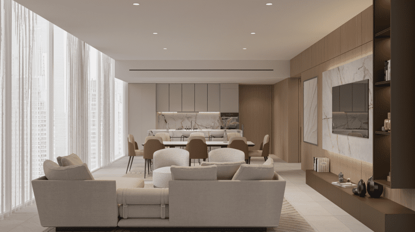 Un salon de villa moderne et spacieux à Dubaï avec des canapés de couleur claire, des meubles en bois et des murs en marbre, menant à une salle à manger connectée avec de grandes fenêtres offrant une vue sur la ville.