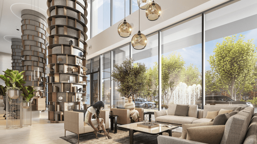 Hall d'entrée d'une villa moderne à Dubaï avec lumière naturelle, avec des sièges moelleux, de grandes fenêtres donnant sur des arbres verts, un éclairage décoratif et des invités profitant de l'espace.