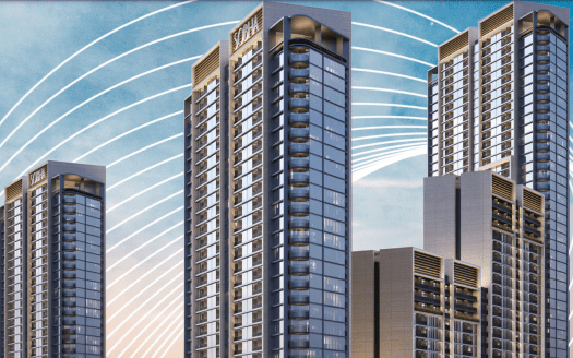 Three large modern skyscrapers with reflective windows under a clear blue sky, surrounded by stylized white circular beams suggesting connectivity or a network, representing the innovative architecture seen in Dubai's apartment buildings.